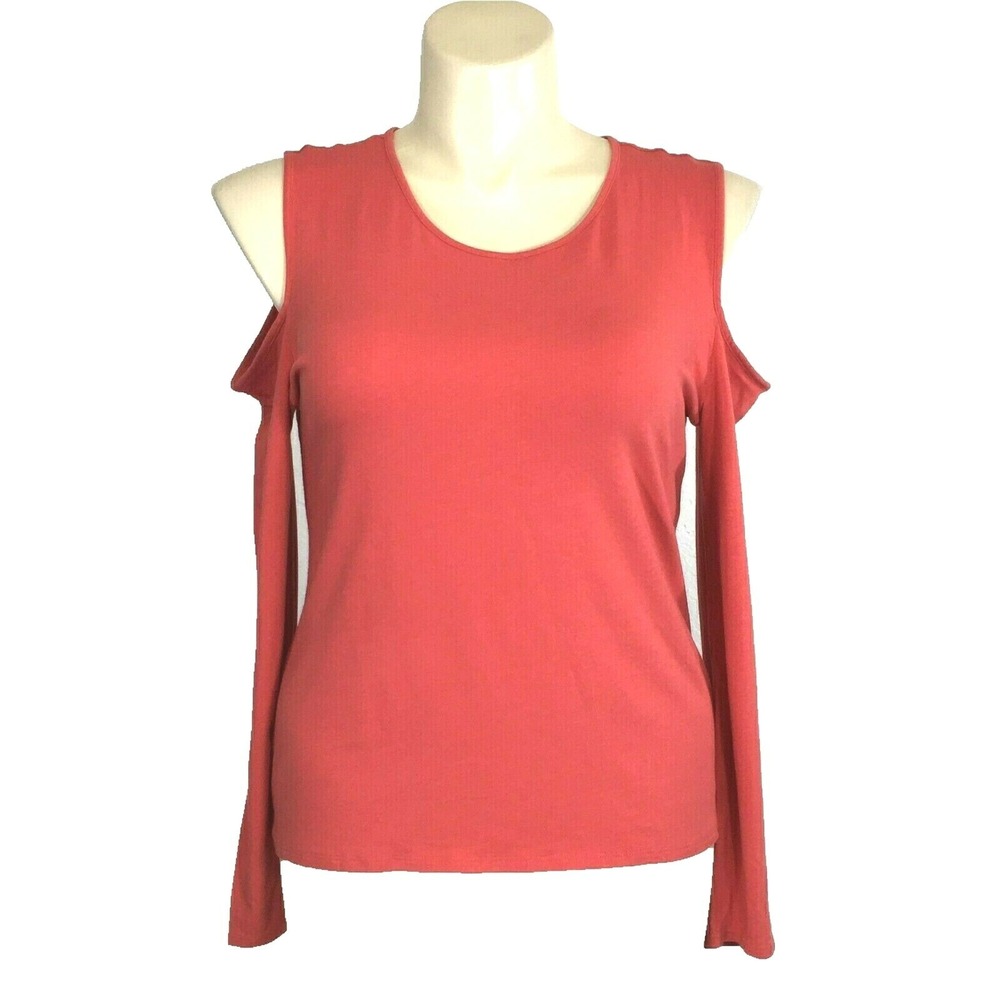 NWOT Soft Surroundings Top LARGE Coral T Shirt Cold Shoulder Long Sl Basic 2AN53